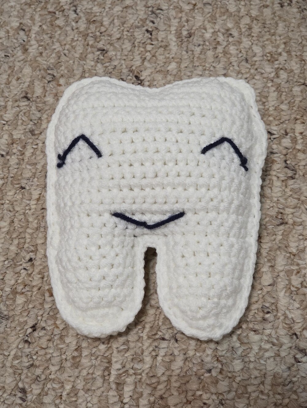 Hand Crafted White Crocheted Tooth Plush with Embroidered Face